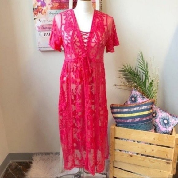 Bohemian Eyelet Sheer Cover Up Lace Maxi Dress Women's Size Large - Picture 3 of 7
